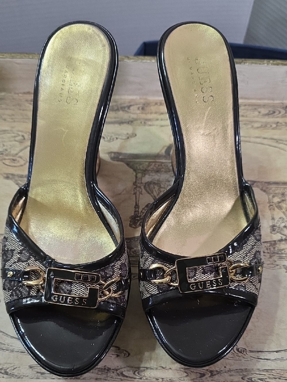 GUESS Brown Signature Pattern Cork Wedge Sandals with Gold Accent 8 - Picture 2 of 7
